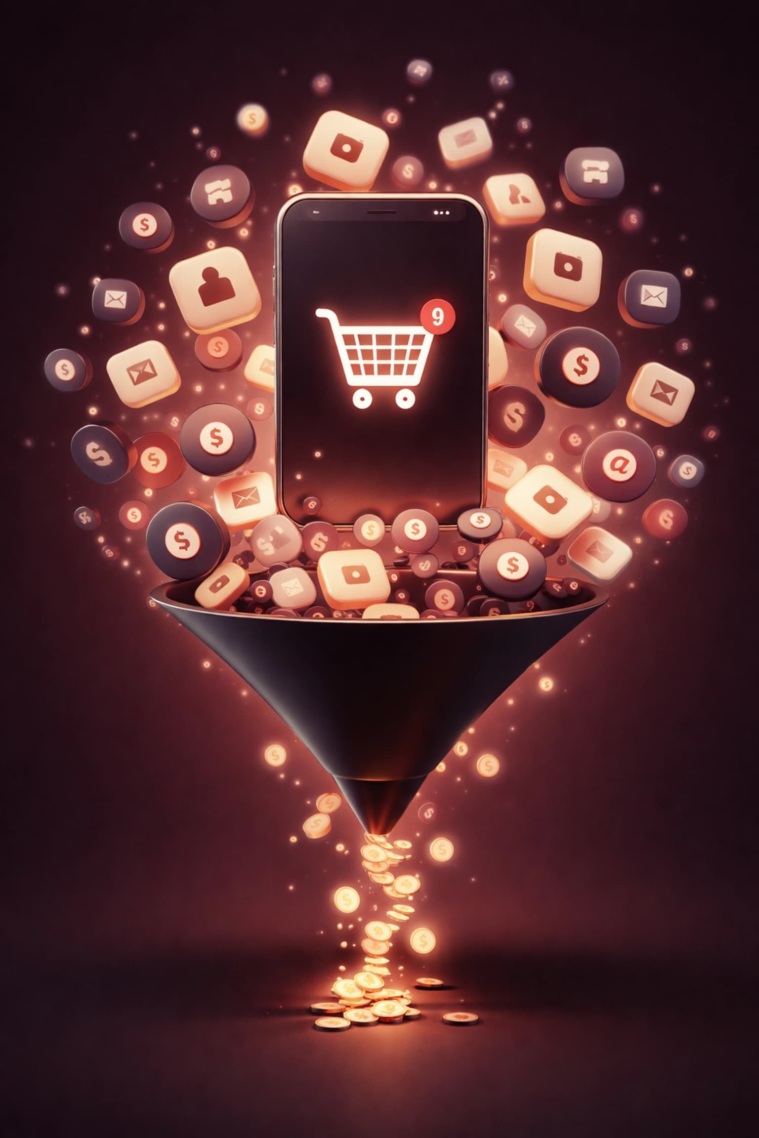 Mobile screen with shopping cart and swirling app icons symbolizing rising Shopify app fees for ecommerce businesses