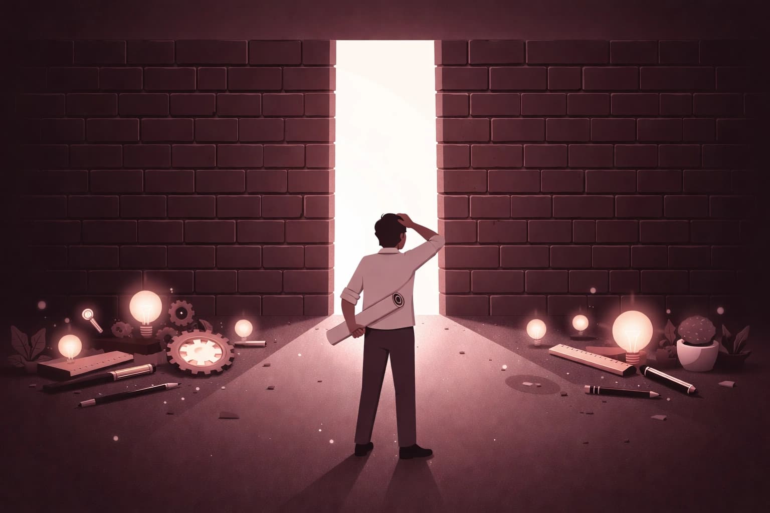 Frustrated entrepreneur facing a brick wall of limitations, illustrating Shopify's customization barriers