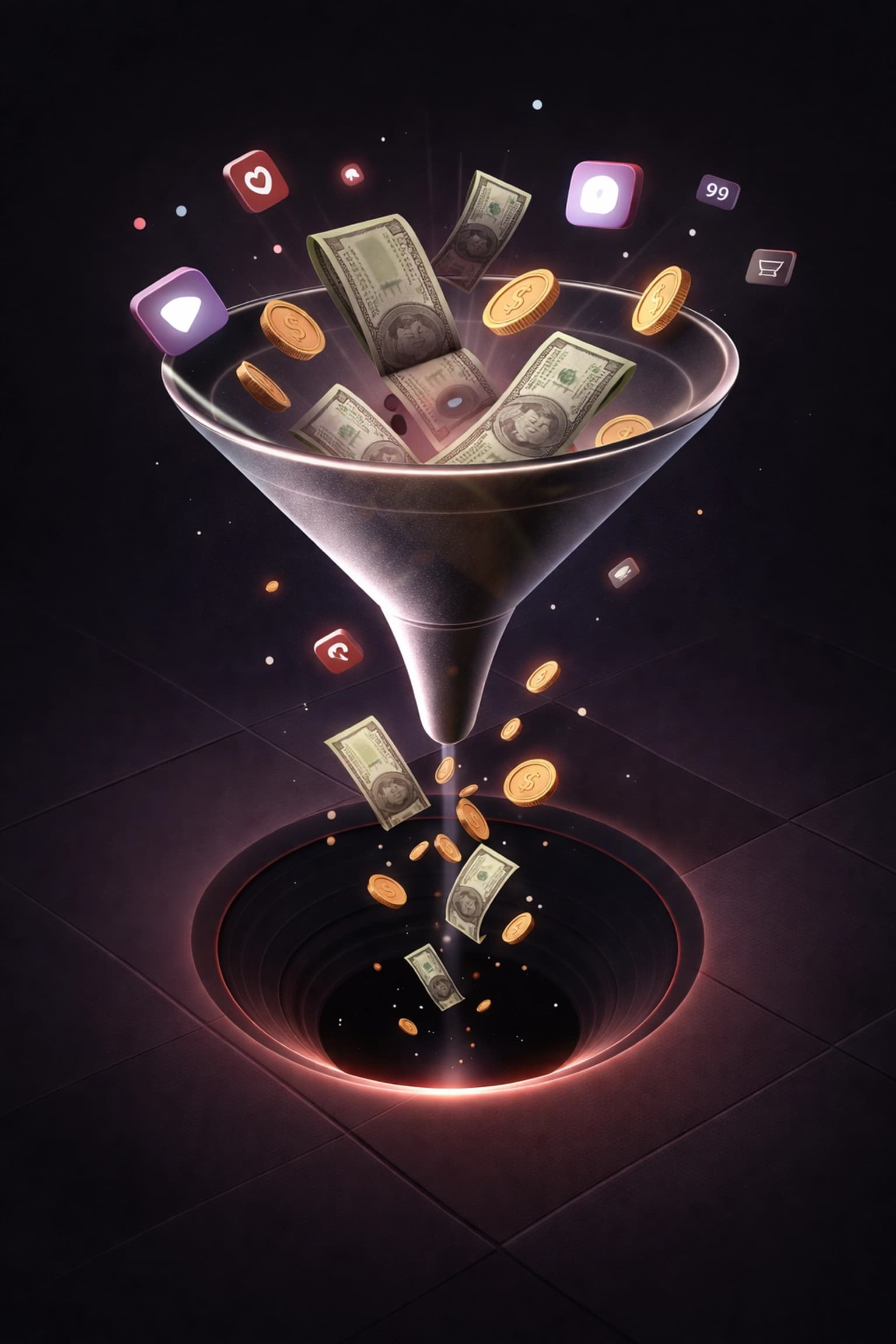 Visual of money and app subscription icons flowing into a funnel, symbolizing small business website platform fees draining profits