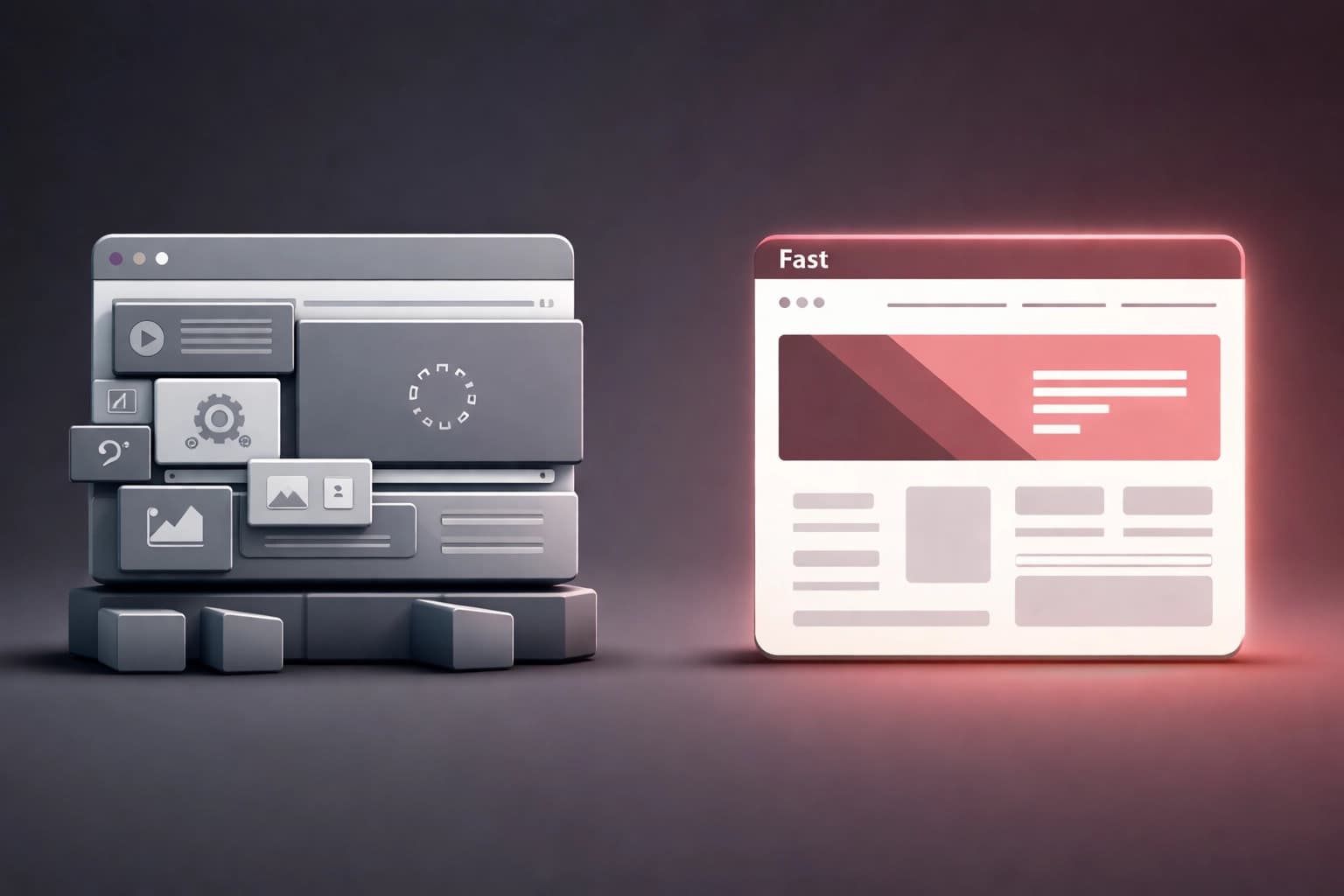 Side-by-side comparison of a slow, plugin-heavy website versus a fast, custom Lubbock web development site